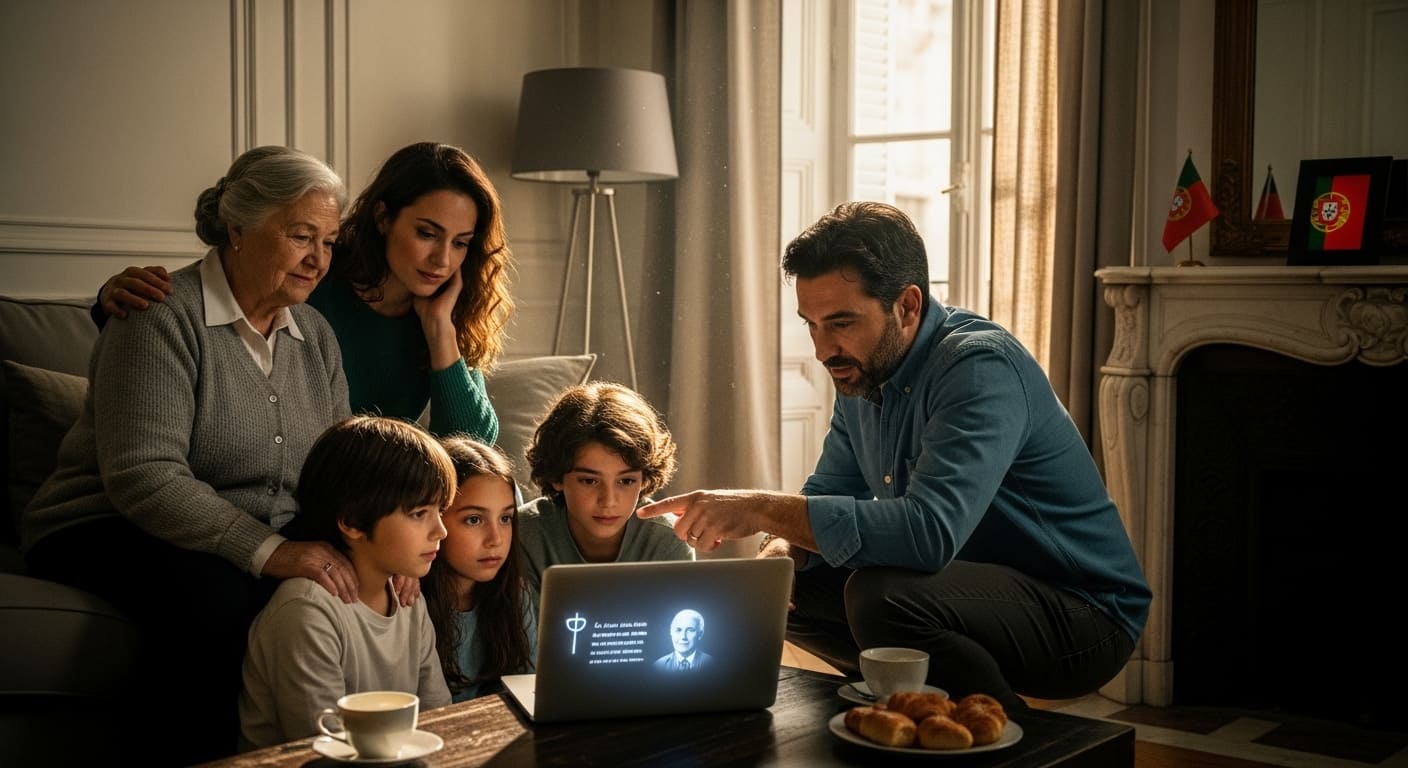 Família emigrante portuguesa a ver memorial digital juntos