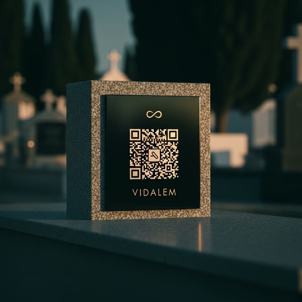 Vidalem plaque with QR code on cemetery gravestone